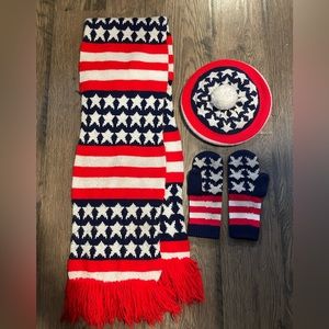 Vintage Patriotic Handmade Scarf Mitten Hat Set